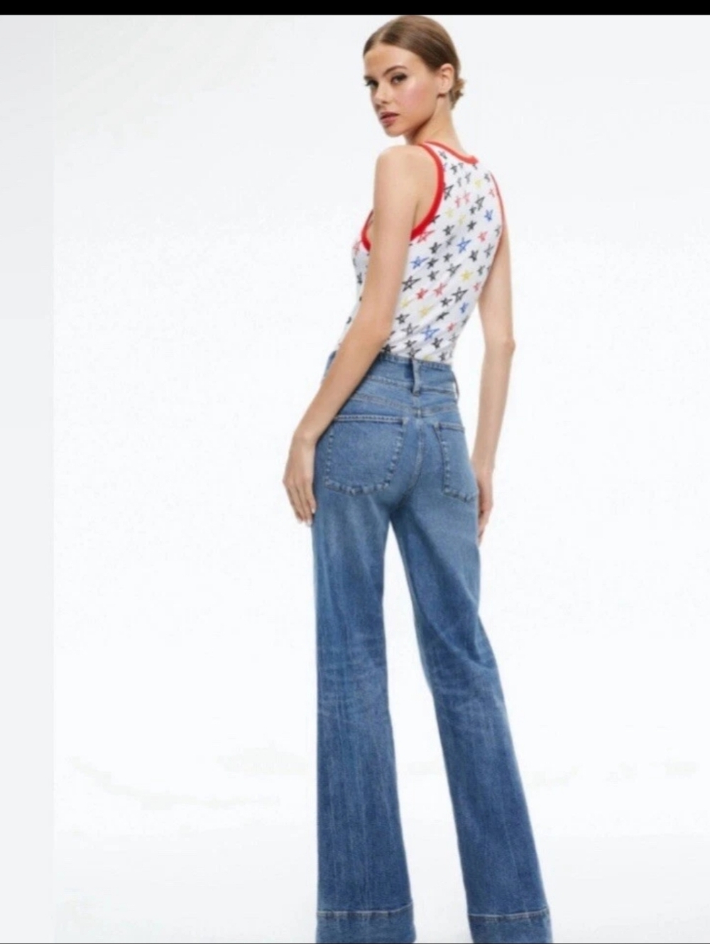 Alice And Olivia x Lele Pons Allen Ribbed Star Print Pattern Ribbed Tank Top - Picture 2 of 9